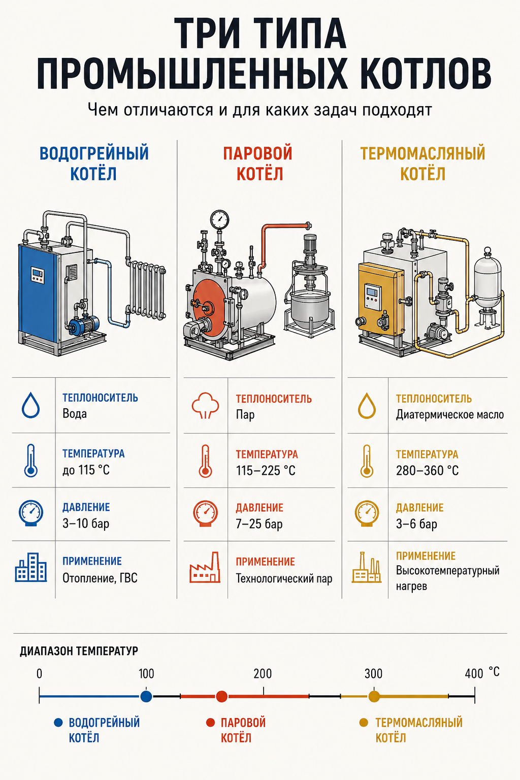 Сравнительная таблица водогрейного, парового и термомасляного котлов: теплоноситель, температура, давление, область применения